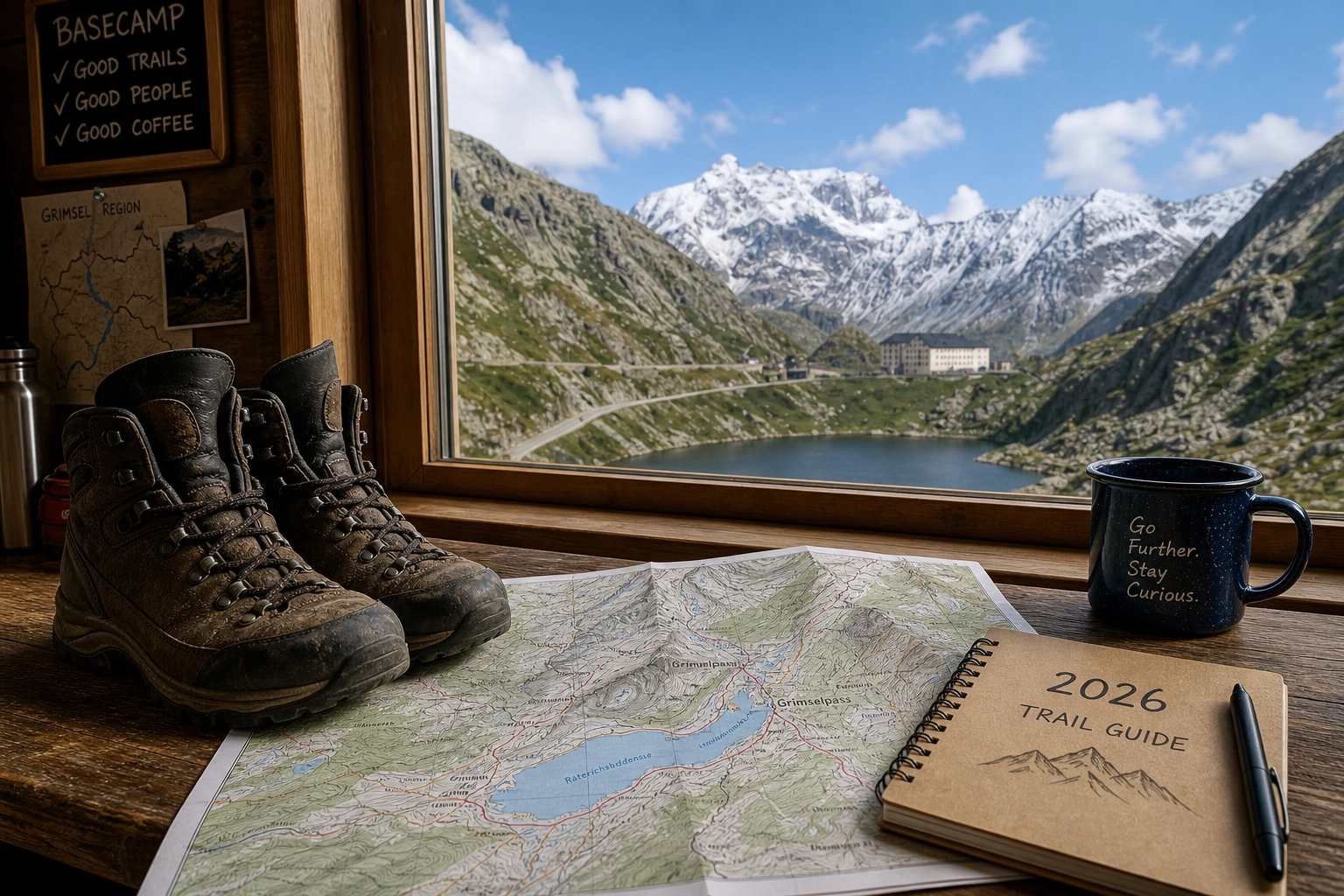 Hikers relaxing together outside an alpine adventure lodge in the Swiss Alps, showcasing a social basecamp.