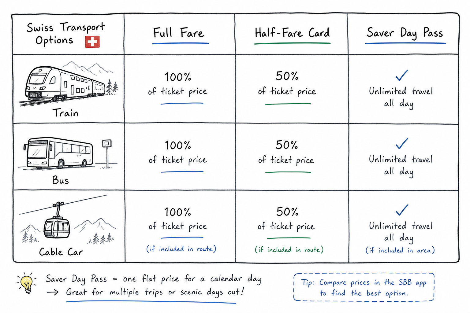 A minimalist whiteboard sketch comparing Swiss transport options like the Half-Fare Card and Saver Day Pass.