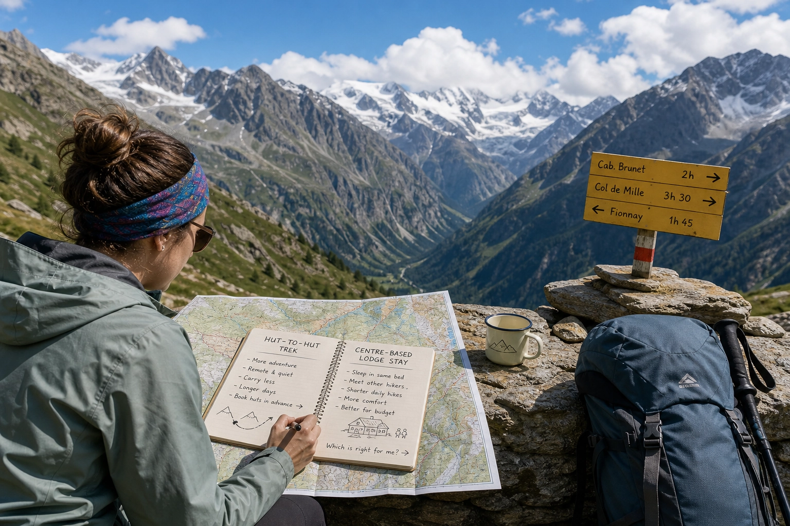 Solo hiker looking out over the Grand Combin massif in Val de Bagnes, Switzerland