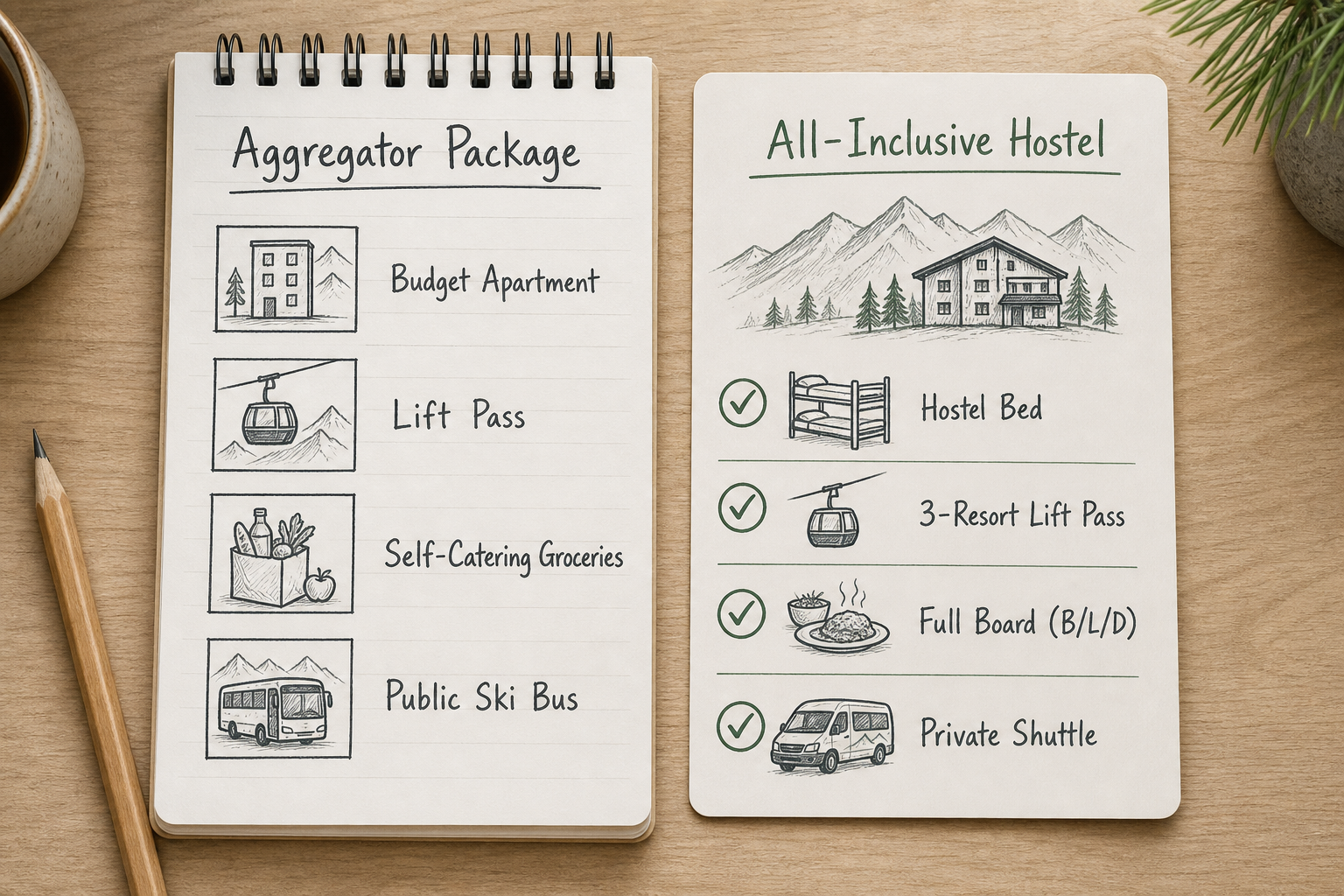 Editorial concept diagram comparing aggregator self-catering packages with all-inclusive ski hostel bundles.