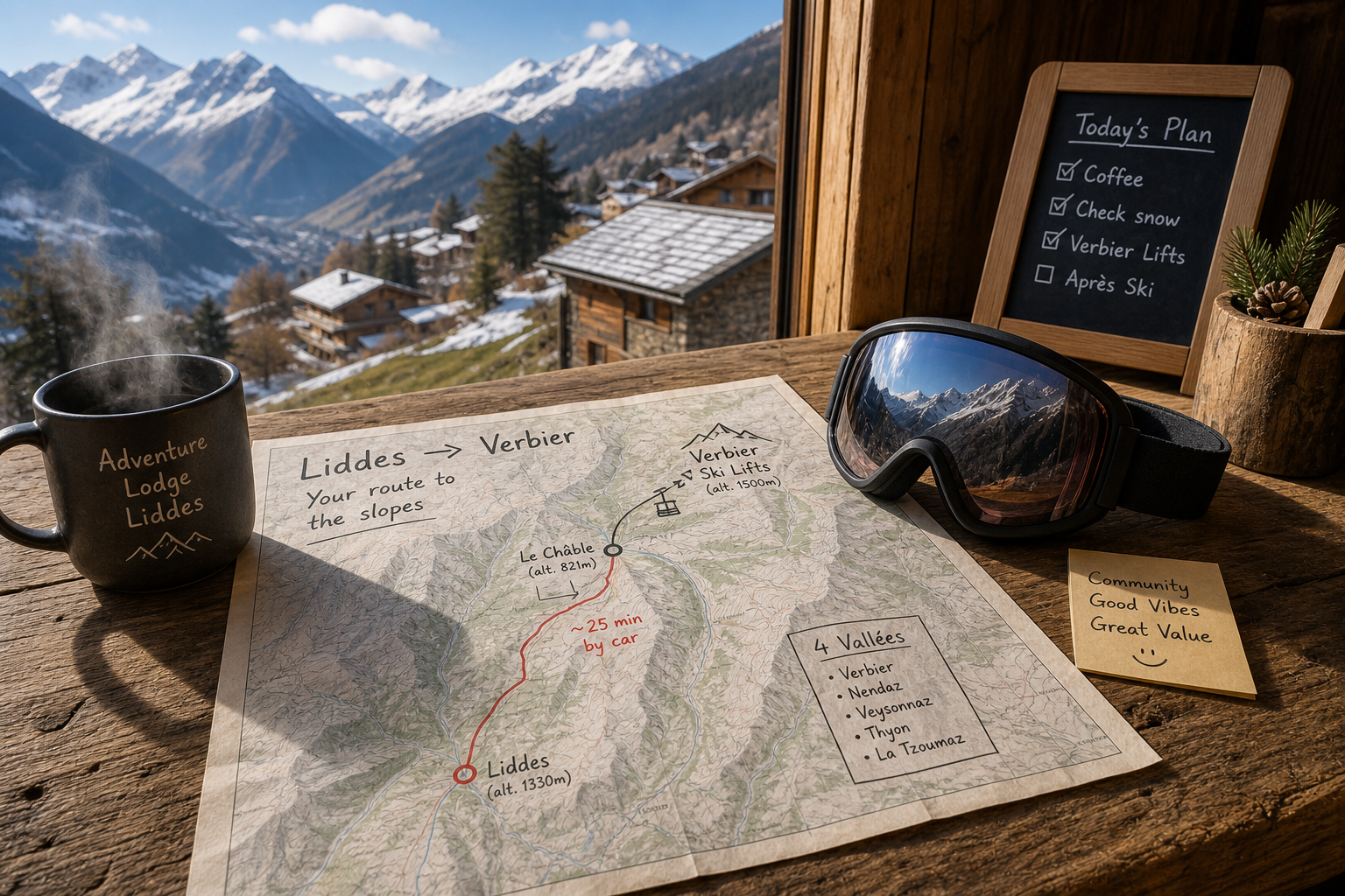 Snowy mountain peaks above Verbier with skiers carving fresh tracks, showcasing the massive 4 Vallées terrain
