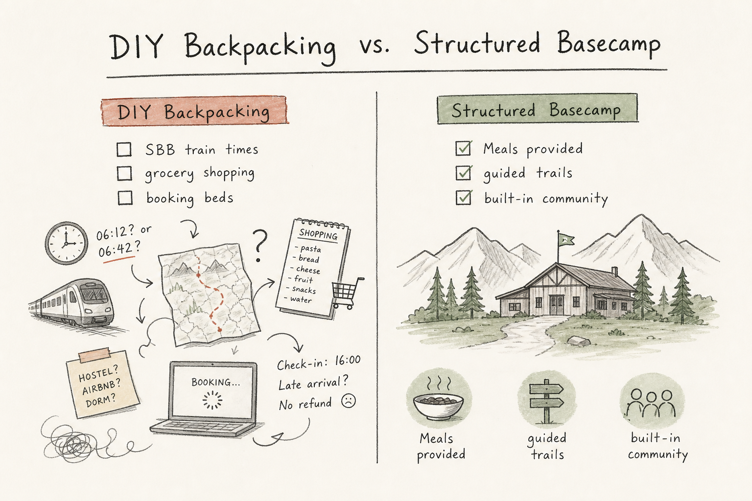 Comparison chart showing the logistical differences between DIY backpacking and an organized basecamp.