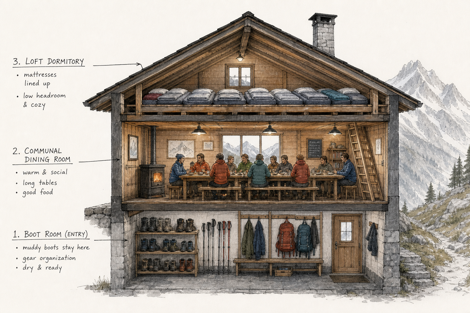 Cross-section diagram showing the layout of a typical Mont Blanc mountain hut