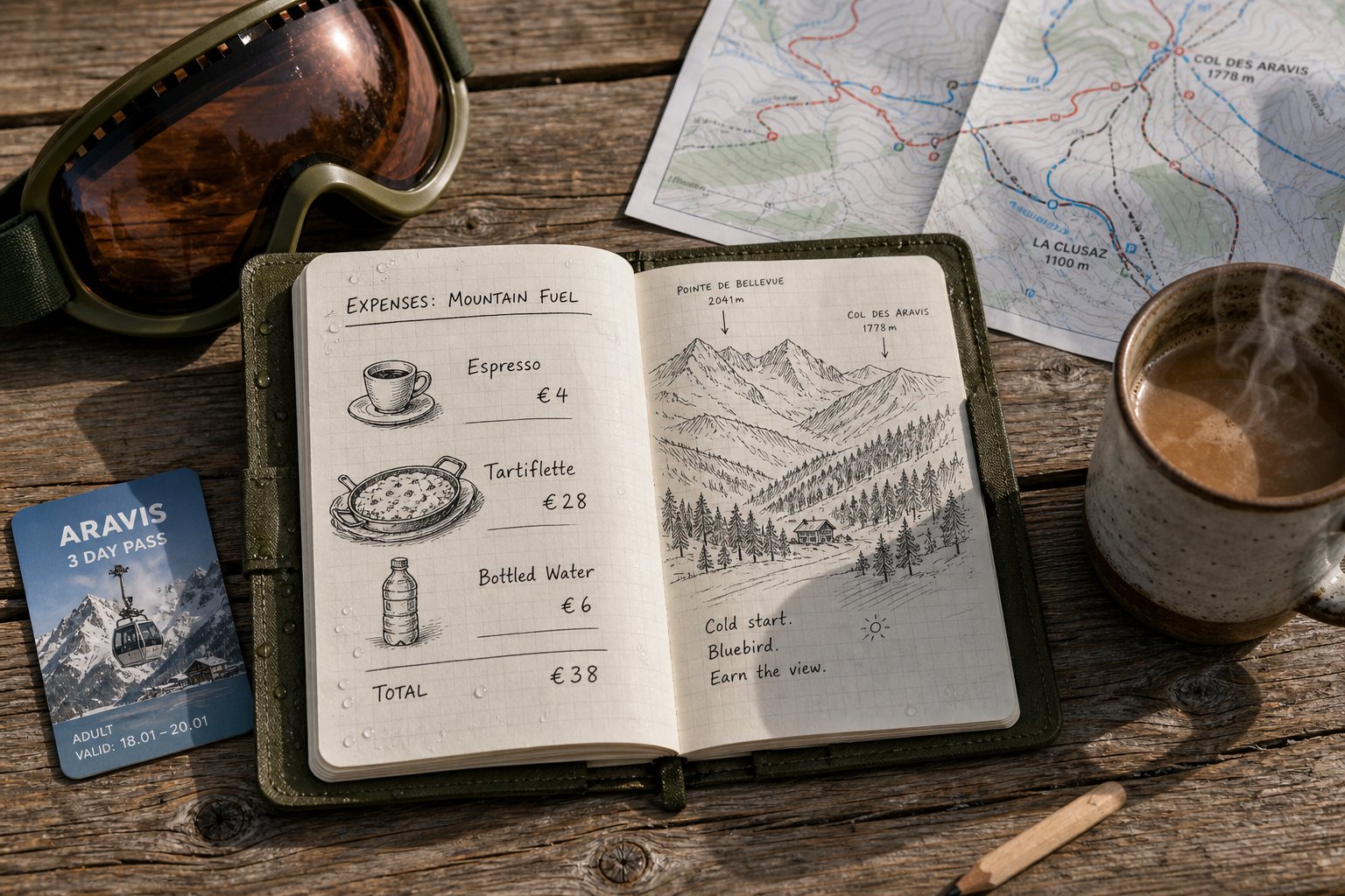 Flat-lay field notebook detailing typical high-altitude mountain restaurant lunch and snack expenses.