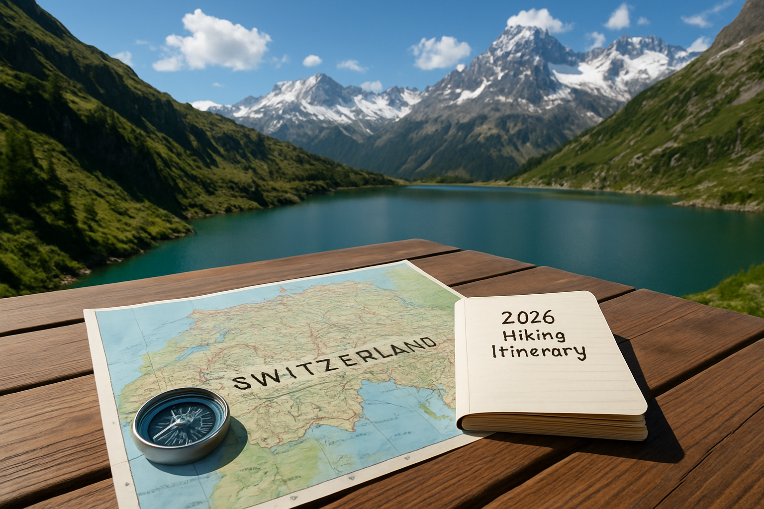 Hikers enjoying a scenic view of the Swiss Alps near a communal mountain lodge