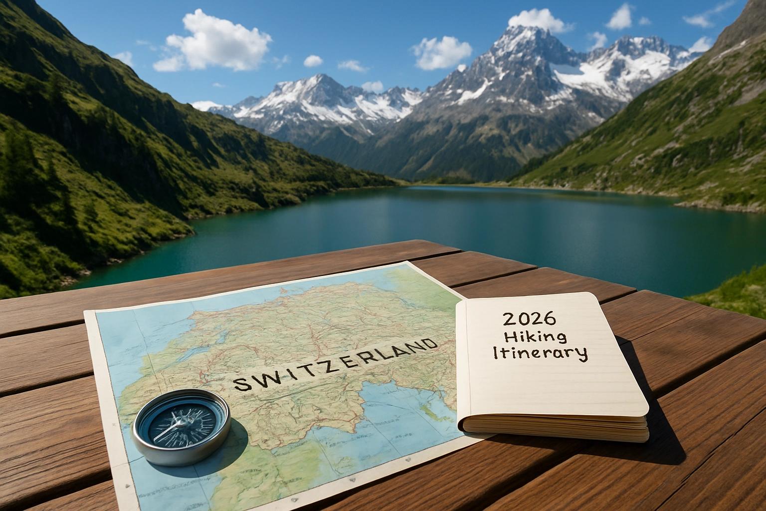 Hikers enjoying a scenic view of the Swiss Alps near a communal mountain lodge