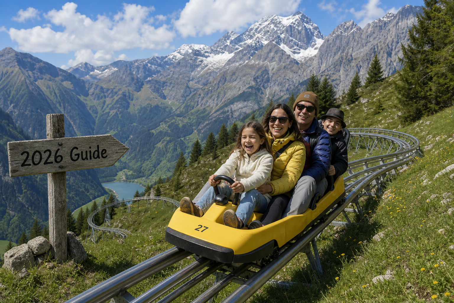 A family riding a mountain coaster through a lush green alpine meadow in Switzerland