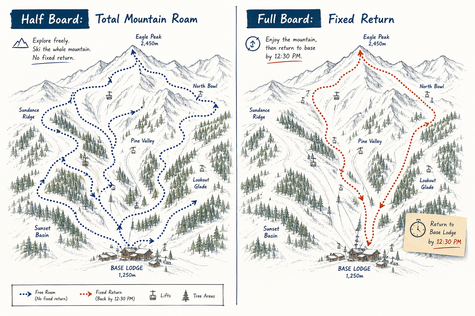 Editorial map comparison illustrating mountain route freedom between half board and fixed hotel full board.