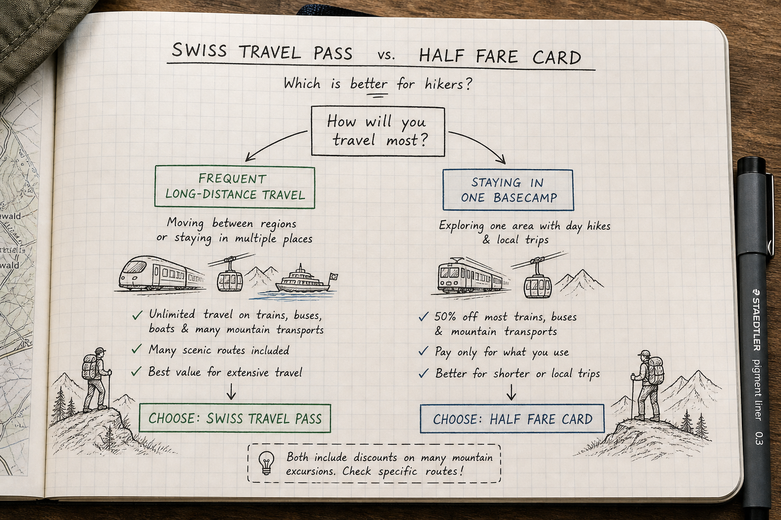 A decision flowchart comparing the Swiss Travel Pass to the Half Fare Card for hikers.