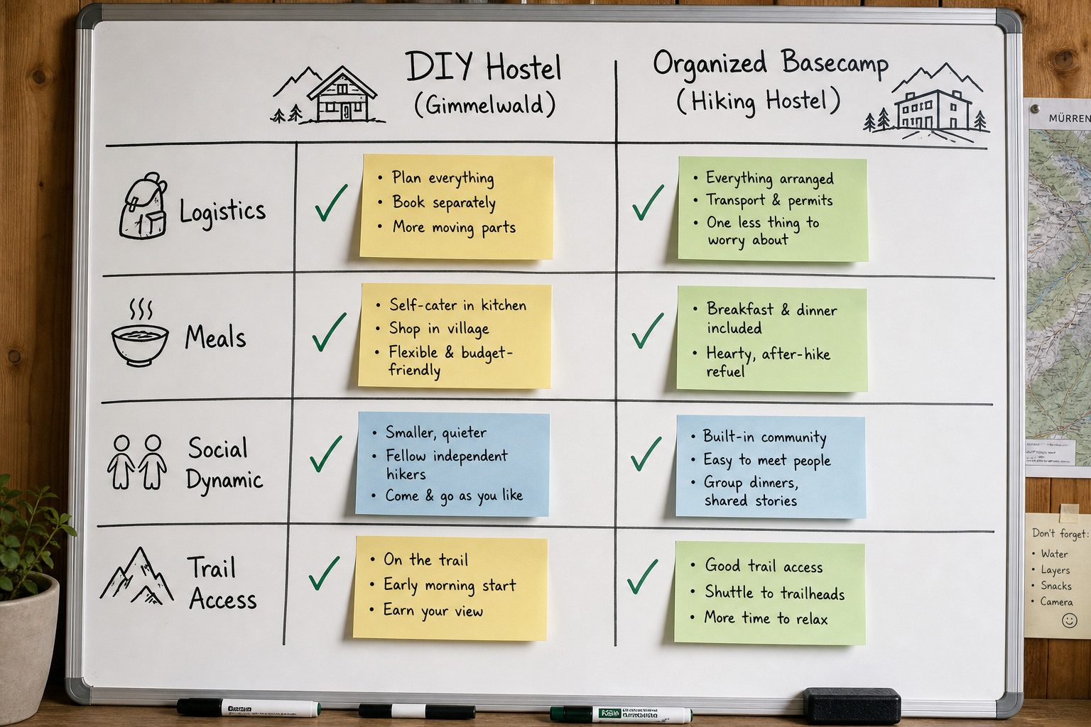 Comparison table between a DIY independent hostel and an organized basecamp model in Switzerland