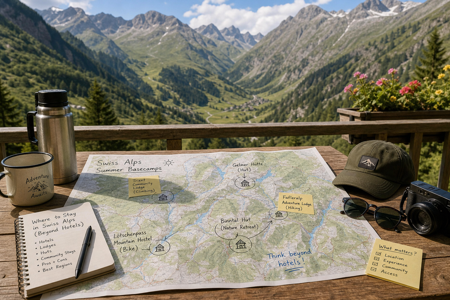 A vibrant community of hikers gathering around an outdoor table at a Swiss Alps adventure lodge during summer.