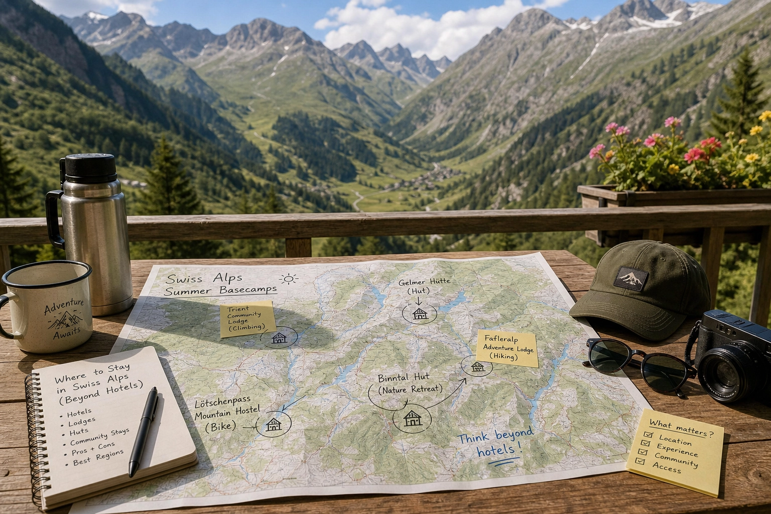 A vibrant community of hikers gathering around an outdoor table at a Swiss Alps adventure lodge during summer.