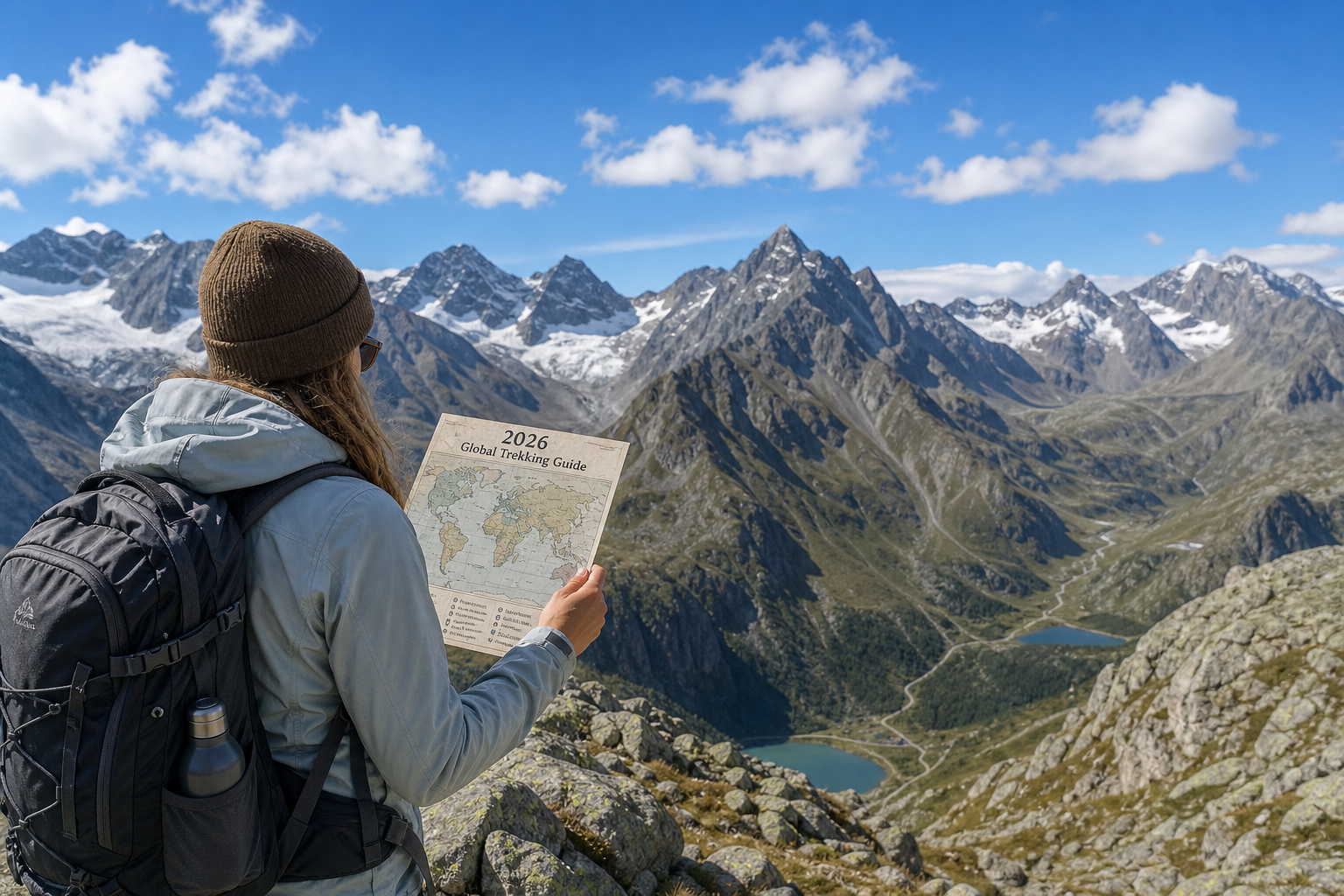 Solo hiker with a backpack looking over an expansive alpine mountain valley