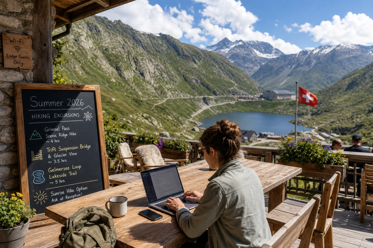 Digital nomads working on laptops at a wooden table on an outdoor terrace overlooking the Swiss Alps during summer