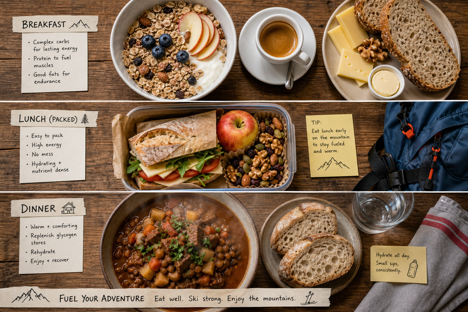 Three-part meal visual displaying breakfast, a packed mountain lunch, and a communal alpine dinner.