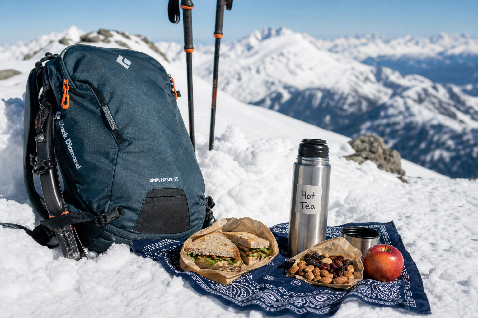 Technical ski pack and hearty packed lunch resting in snow on a panoramic alpine ridge.