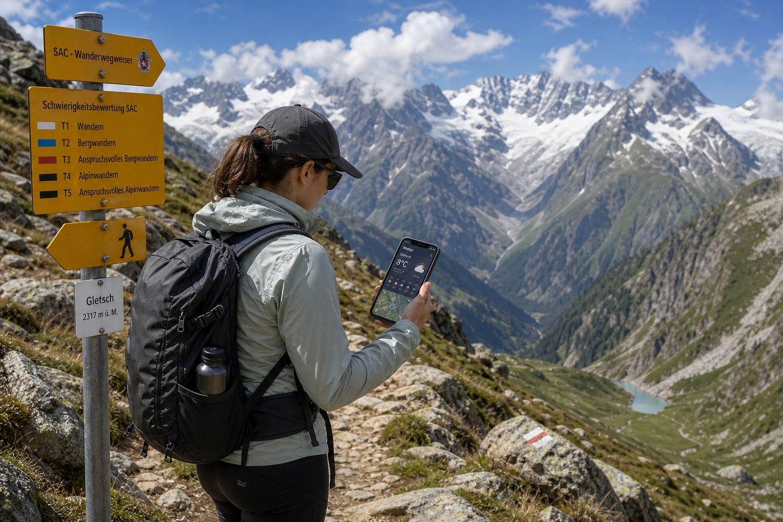 Solo hiker with backpack standing on a scenic marked trail in the Swiss Alps overlooking mountain peaks