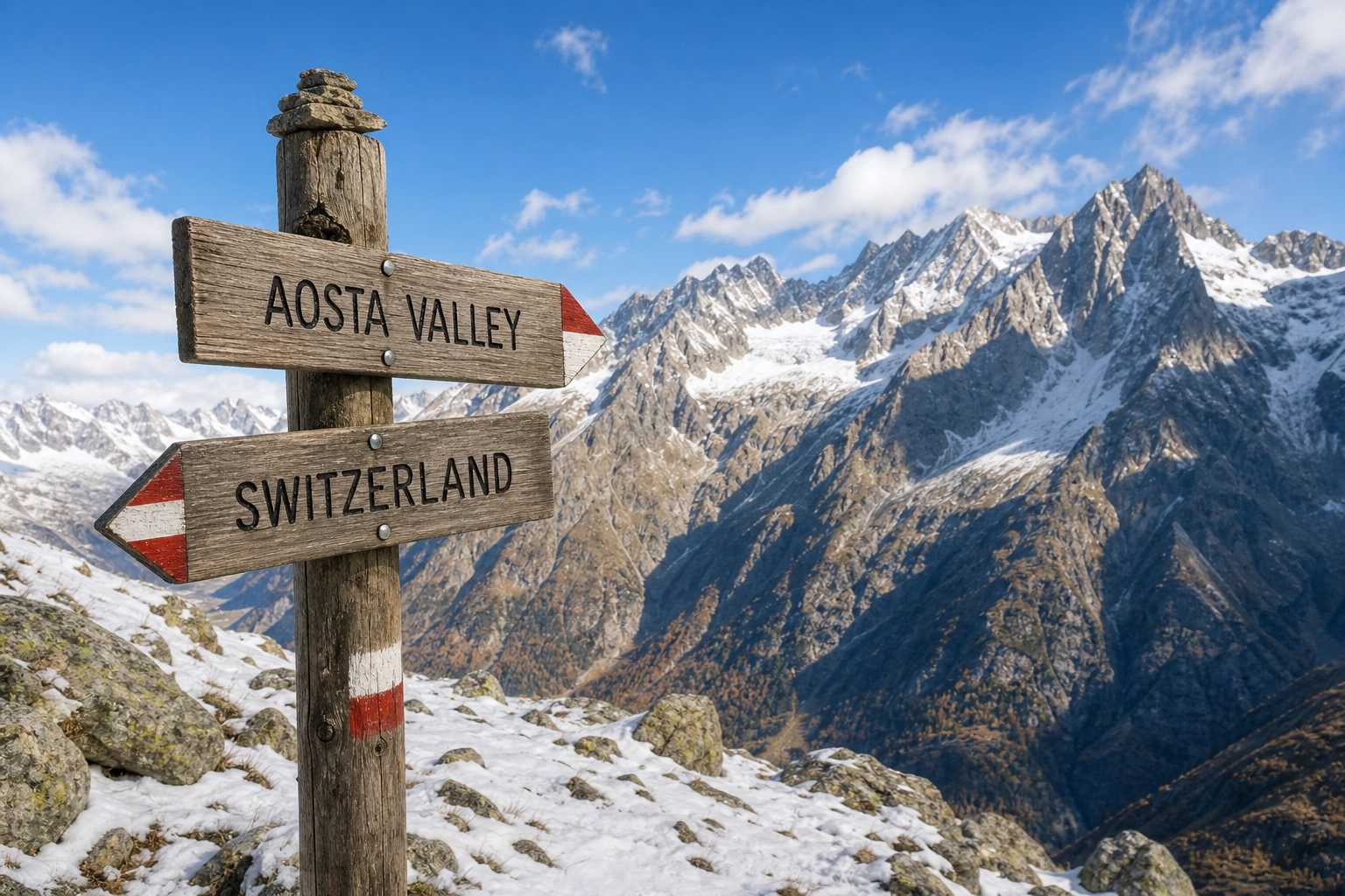 Skier overlooking the Aosta Valley in the Italian Alps on a sunny day