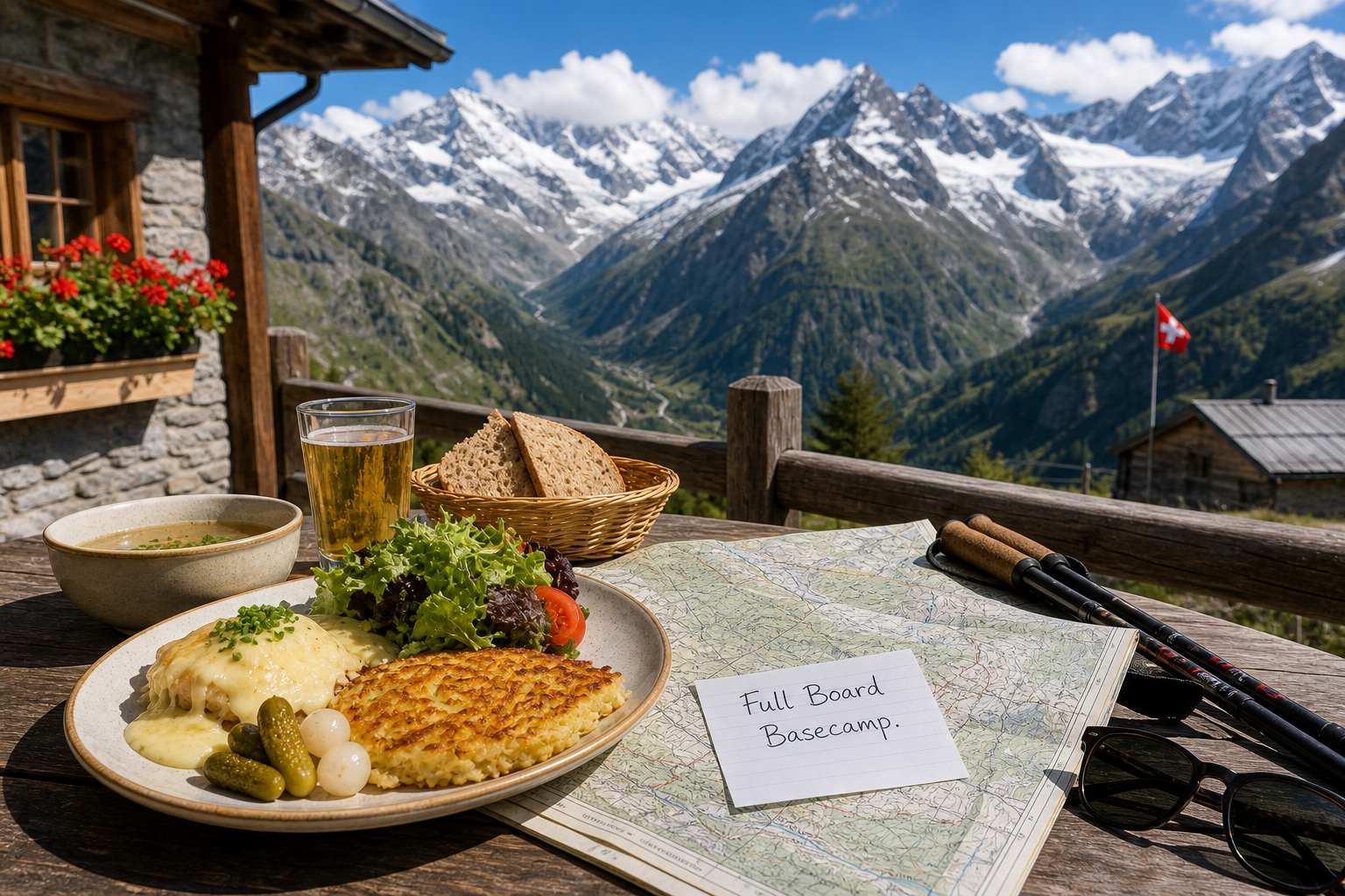A cozy Swiss alpine mountain lodge surrounded by towering snow-capped peaks with hikers enjoying breakfast outdoors.