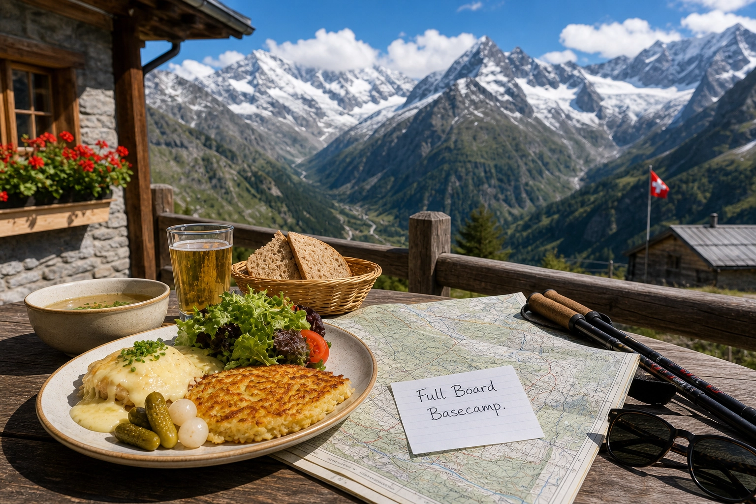 A cozy Swiss alpine mountain lodge surrounded by towering snow-capped peaks with hikers enjoying breakfast outdoors.