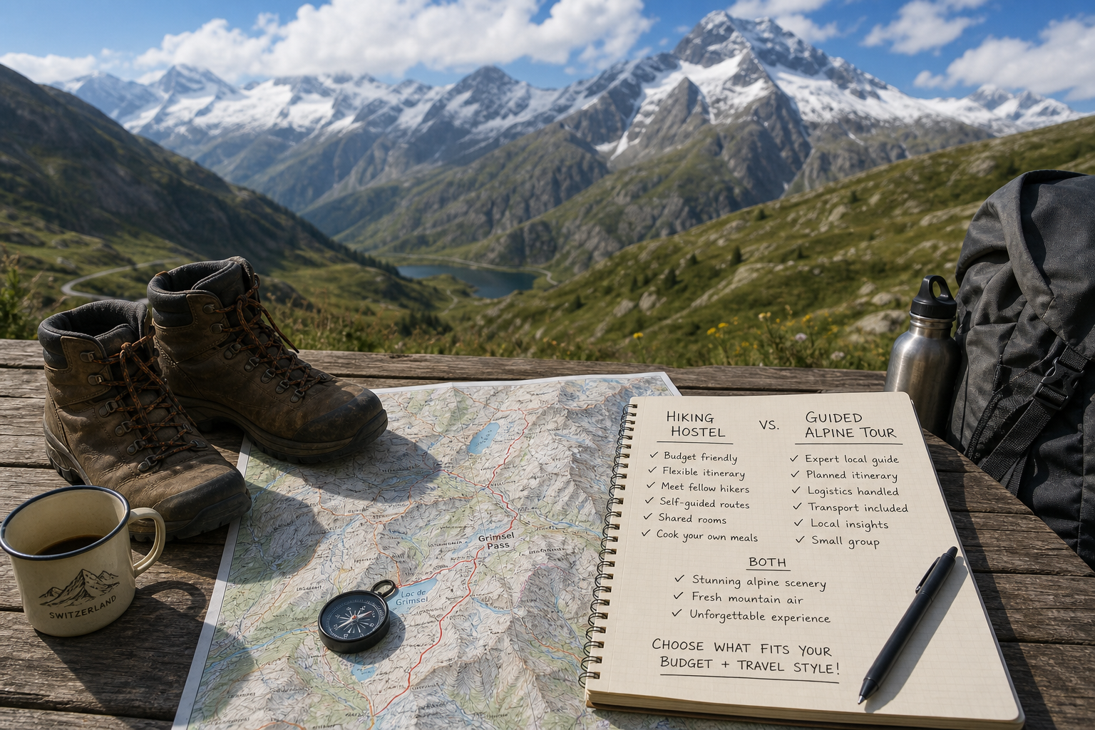 Solo hiker looking at a Swiss Alps trail map while waiting near a Geneva airport transfer van.