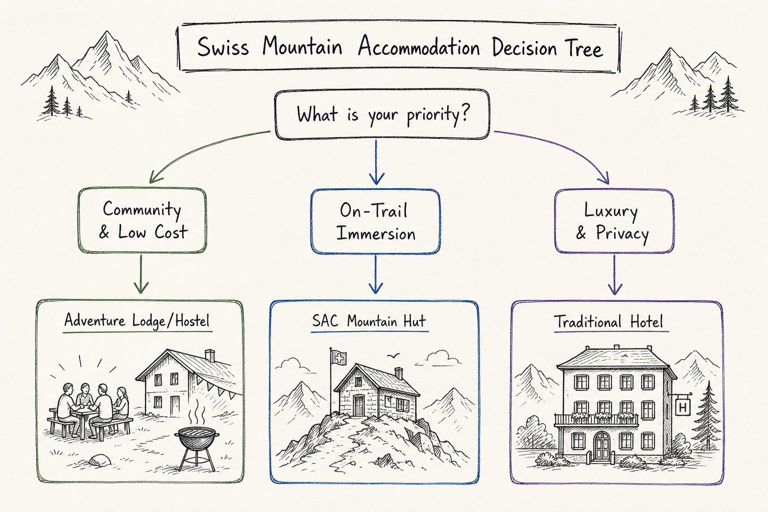 Flowchart diagram helping hikers choose between an adventure lodge, mountain hut, or traditional hotel.