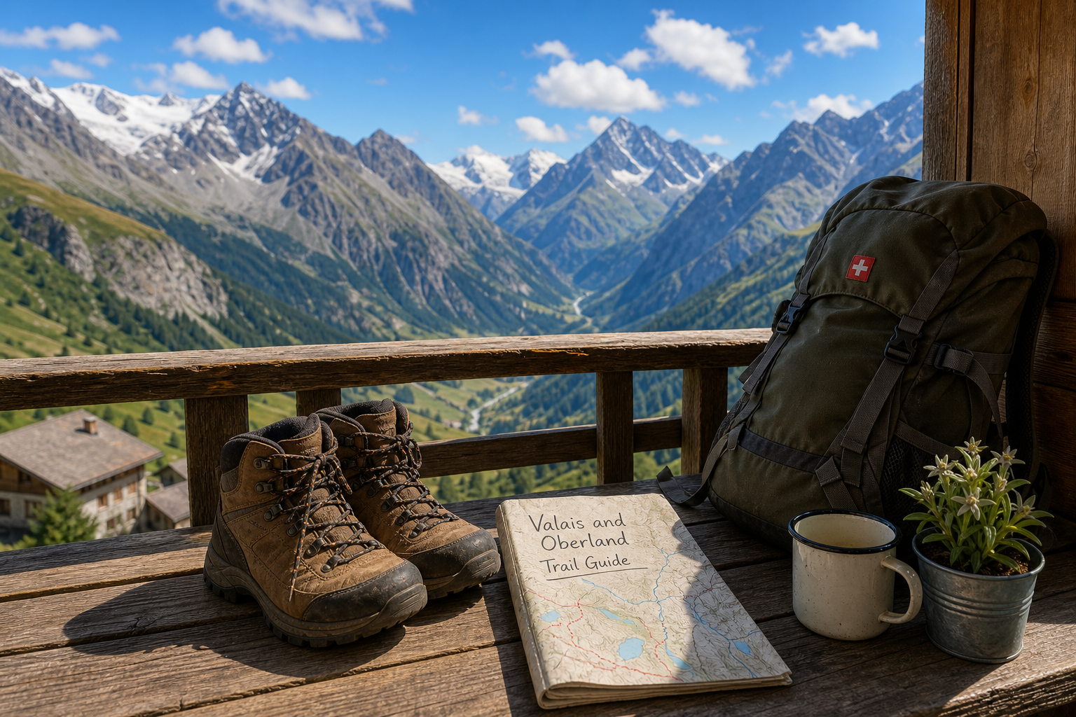 A cozy mountain hostel lounge in the Swiss Alps with hikers reviewing trail maps near high alpine peaks outside.