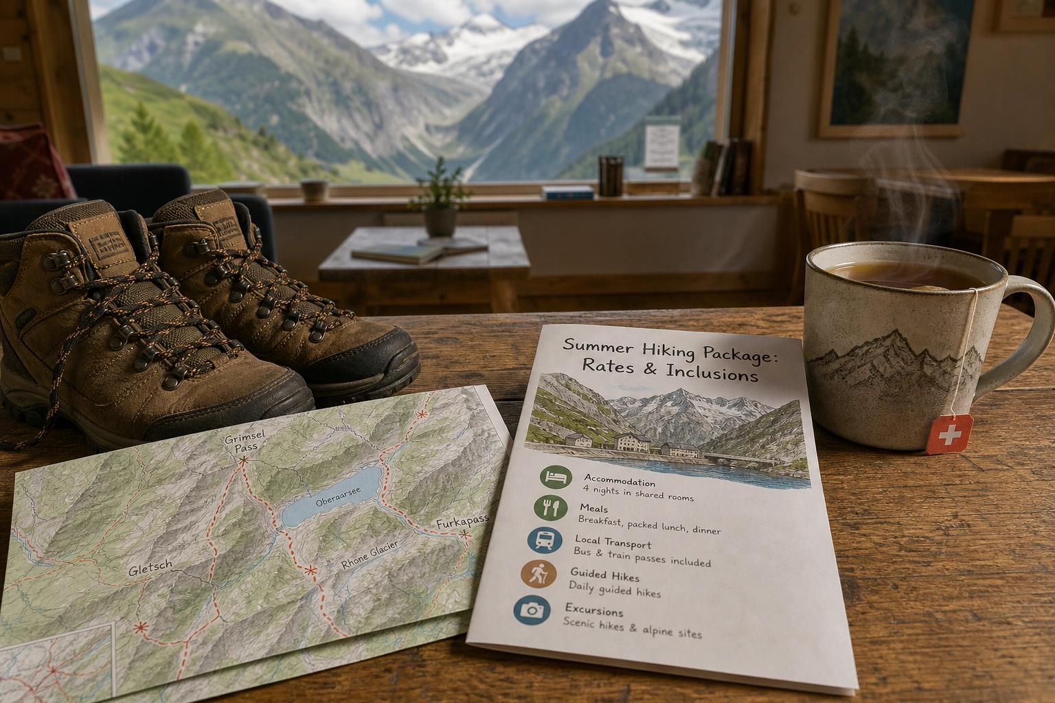 A diverse group of hikers sitting around a wooden communal table at a Swiss alpine hostel, enjoying a hearty meal after a day on the trails.