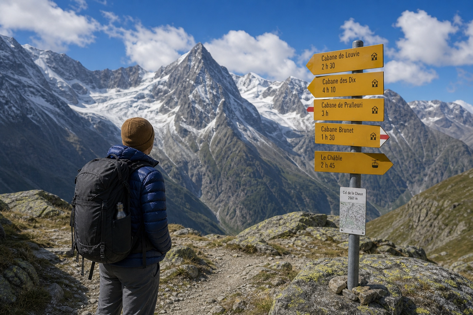 A solo hiker looking out over the rugged alpine landscape and turquoise waters of Lac de Louvie in Val de Bagnes, Switzerland.