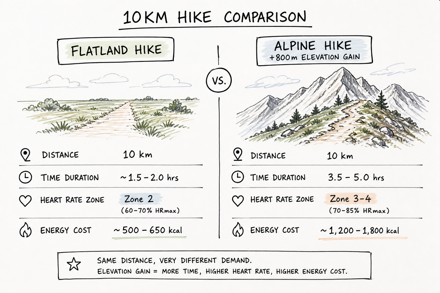 Diagram comparing flatland hiking metrics with high elevation Swiss Alps hiking metrics