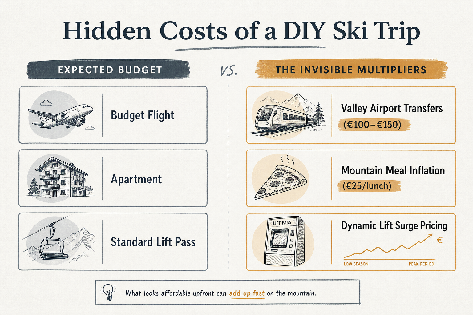Infographic diagram breaking down visible versus hidden costs of a DIY European ski trip including transfers and food inflati
