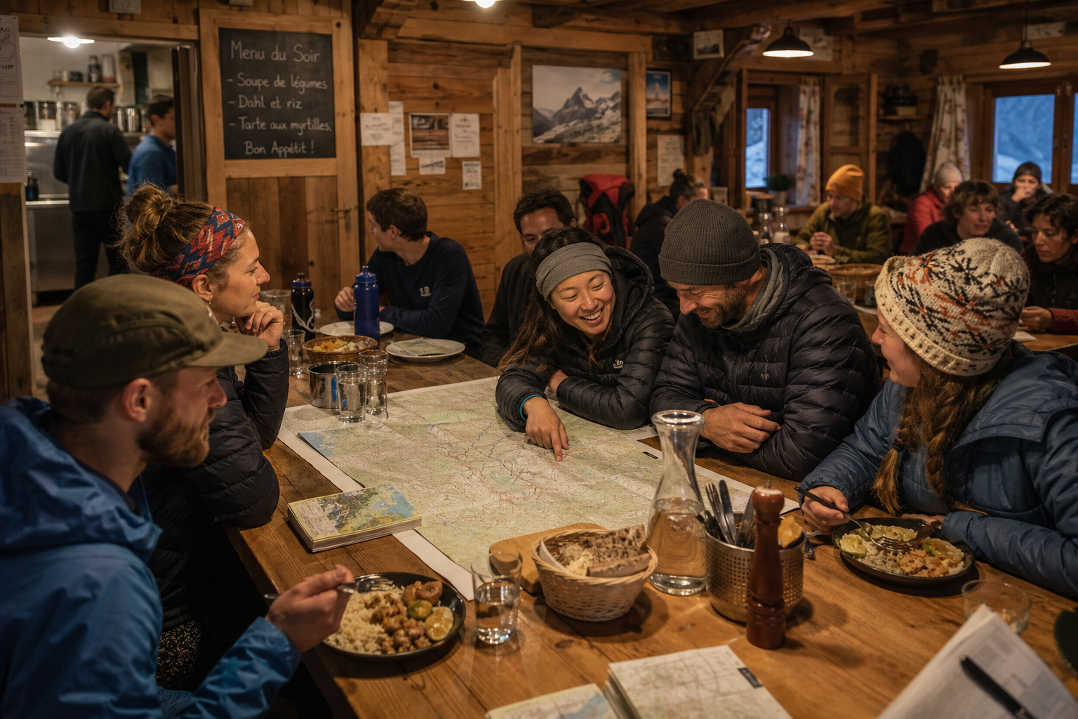 Hikers enjoying a communal dinner at an alpine hostel in Switzerland.