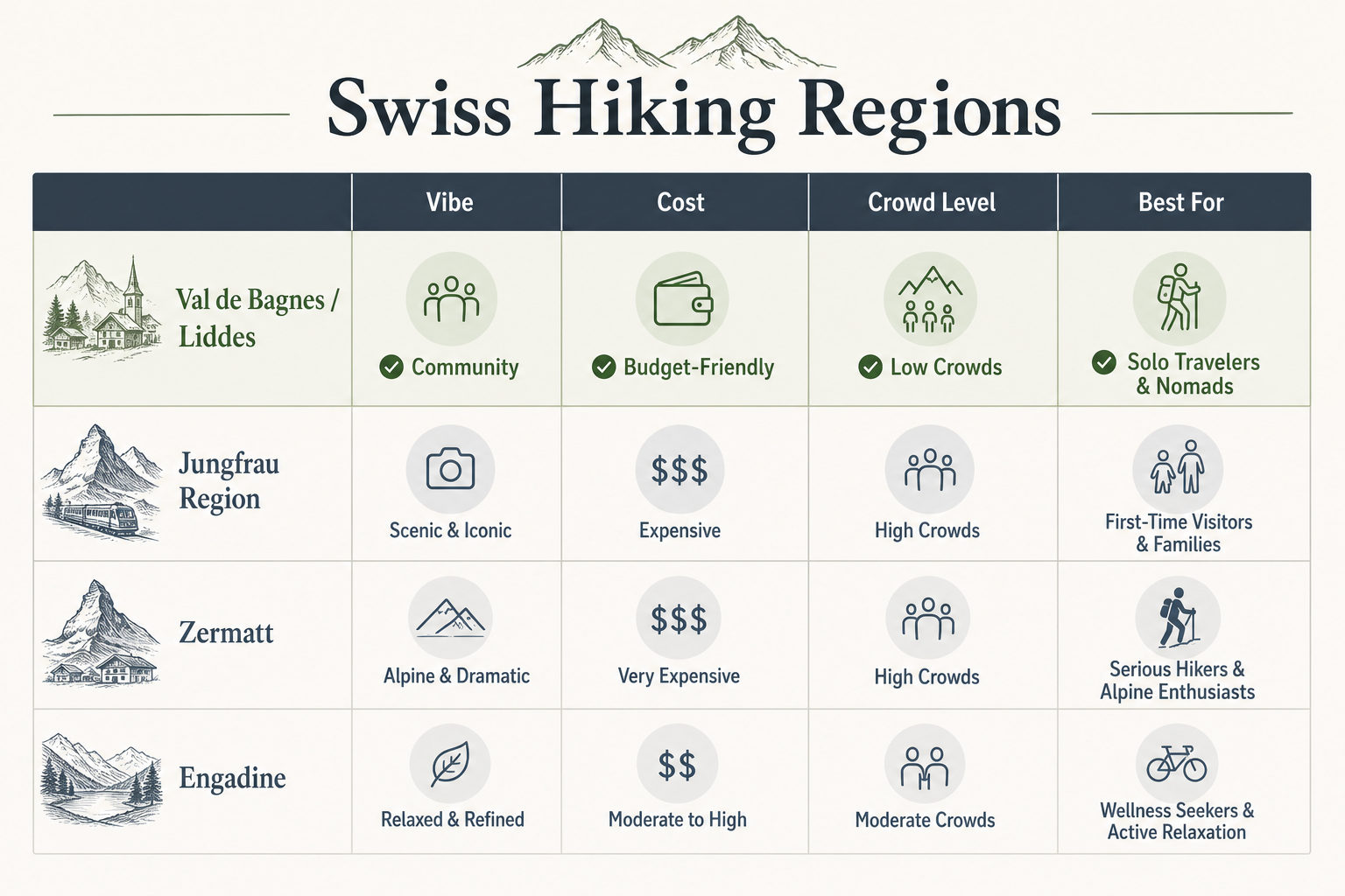 Comparison matrix table of Swiss hiking regions evaluating vibe, cost, crowds, and best hiker types.