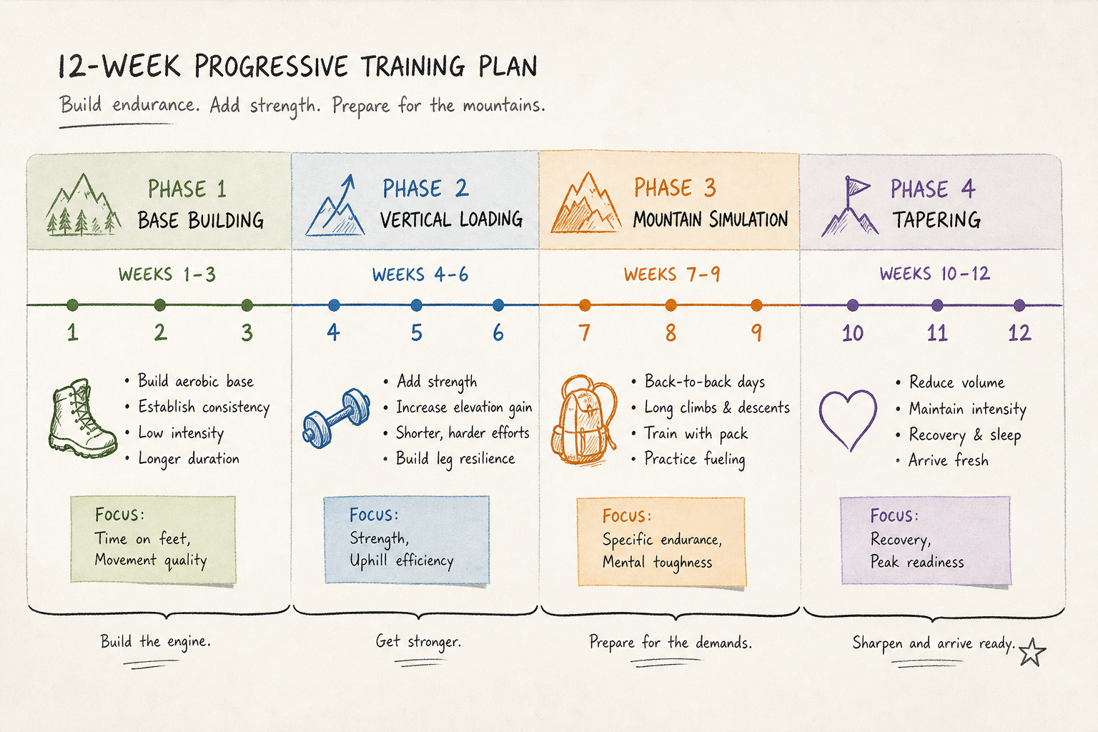 12-week progressive training roadmap timeline for alpine hiking