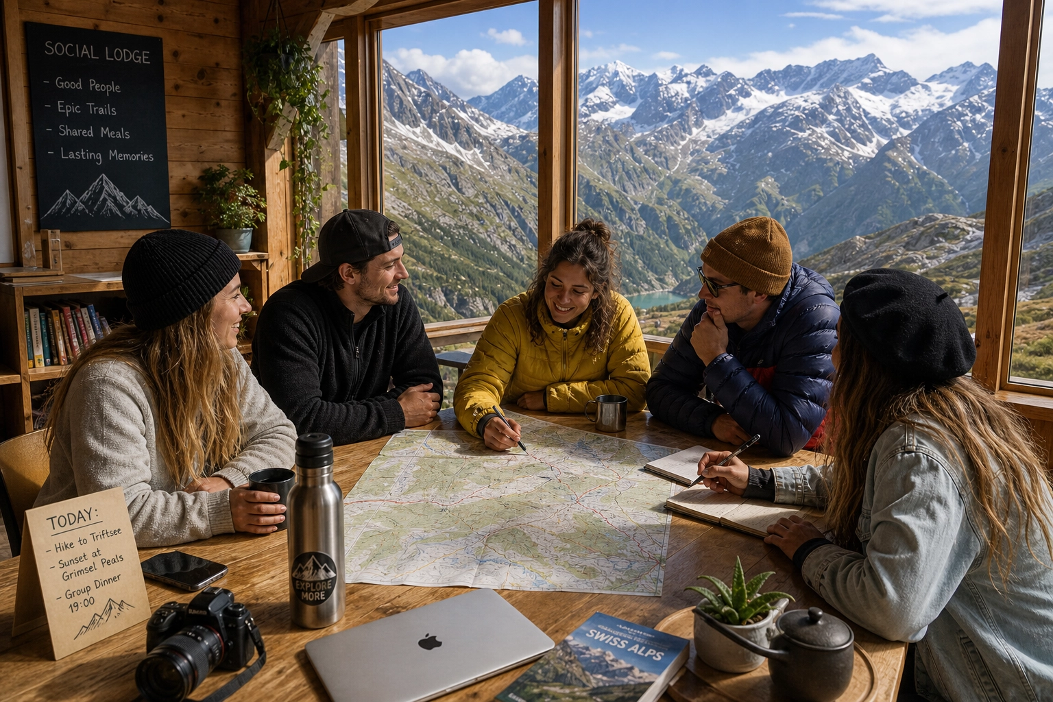 A bustling communal dinner at a Swiss mountain adventure lodge, contrasting the typical quiet luxury hotel.