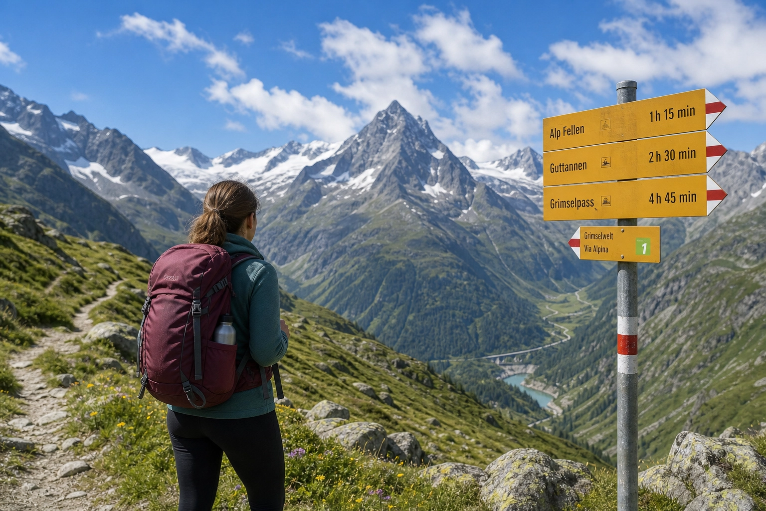 A solo hiker with a backpack looking out over a stunning Swiss Alps mountain range