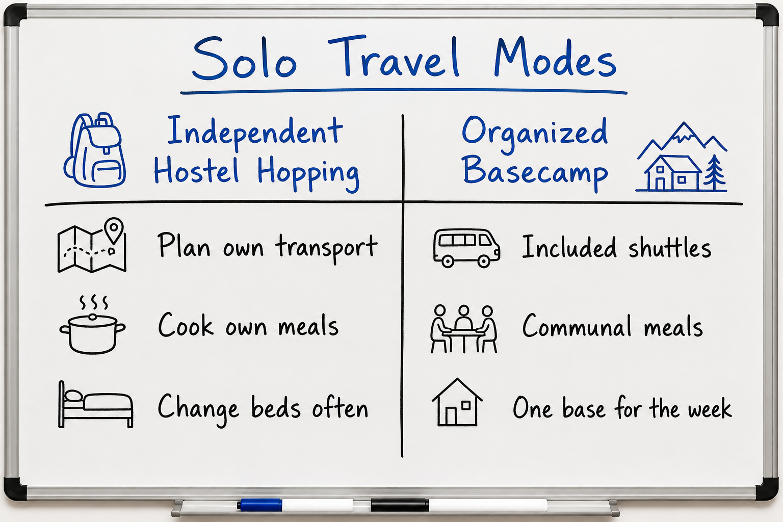 Comparison matrix showing the pros and cons of independent hostels versus organized hiking basecamps