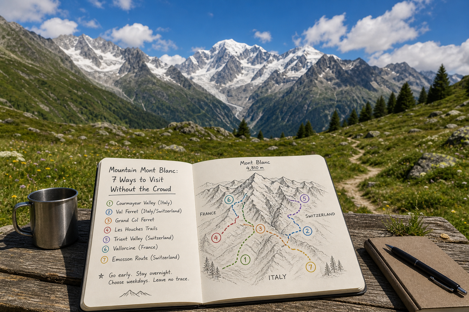 A sweeping view of the Mont Blanc massif seen from a quiet, uncrowded alpine trail.