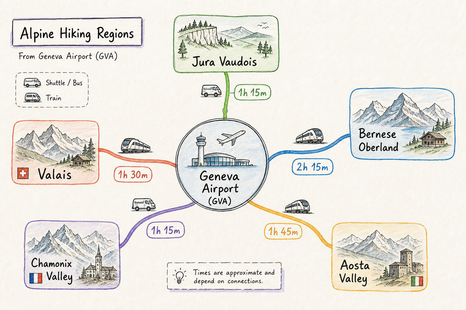 Infographic map of Geneva Airport transfer routes to top Alpine hiking destinations with travel times.