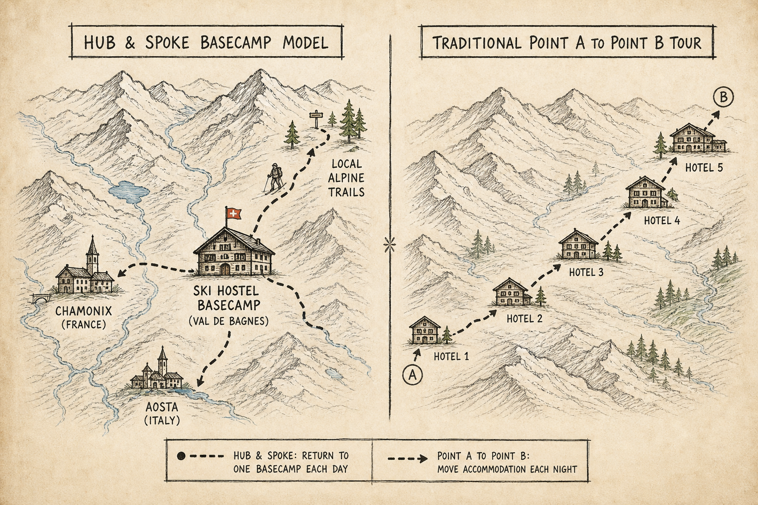 A visual comparison of a hub-and-spoke basecamp model versus a linear point-to-point hiking tour