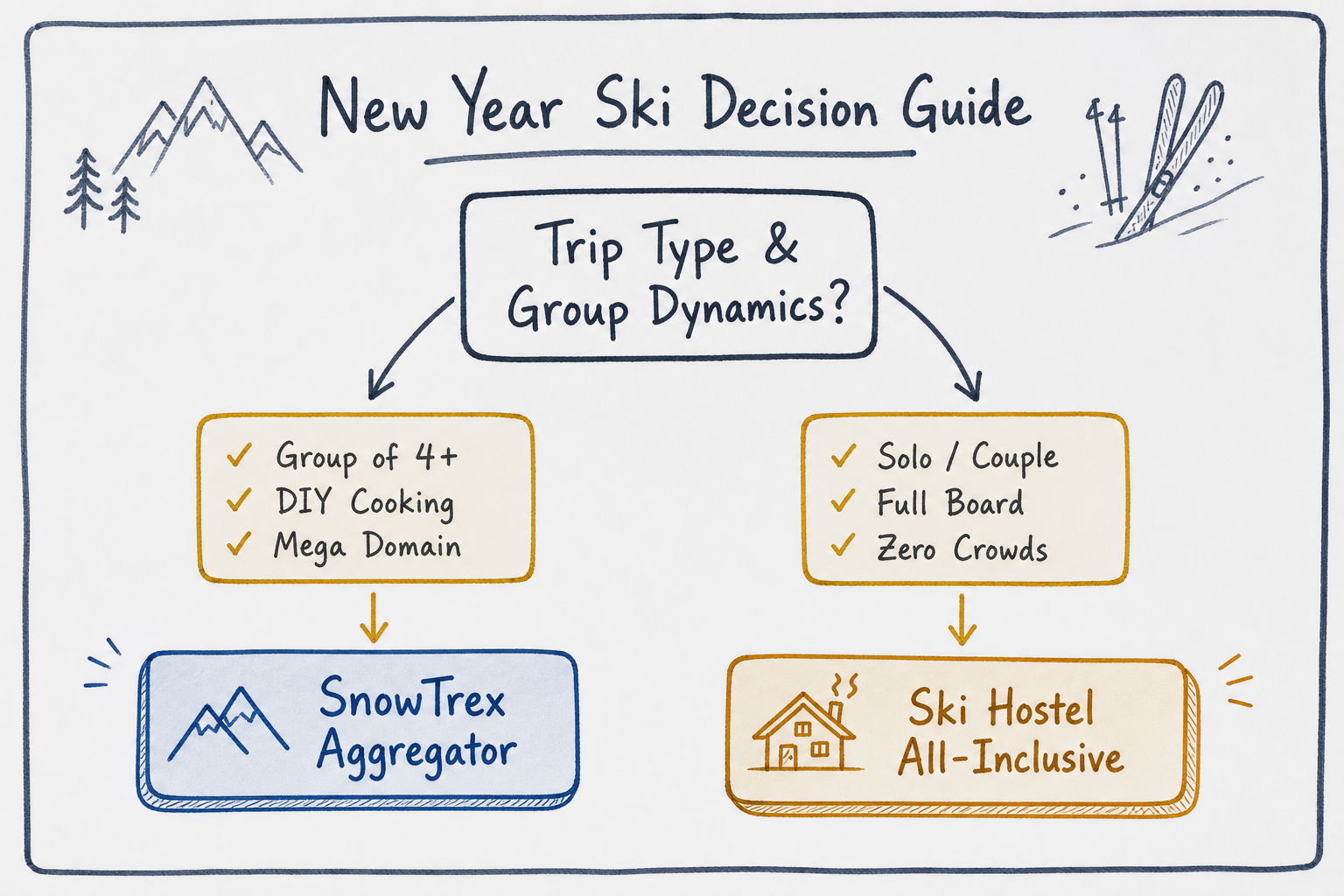 Flowchart decision tree contrasting budget ski choices for solo travelers versus self-catering groups.