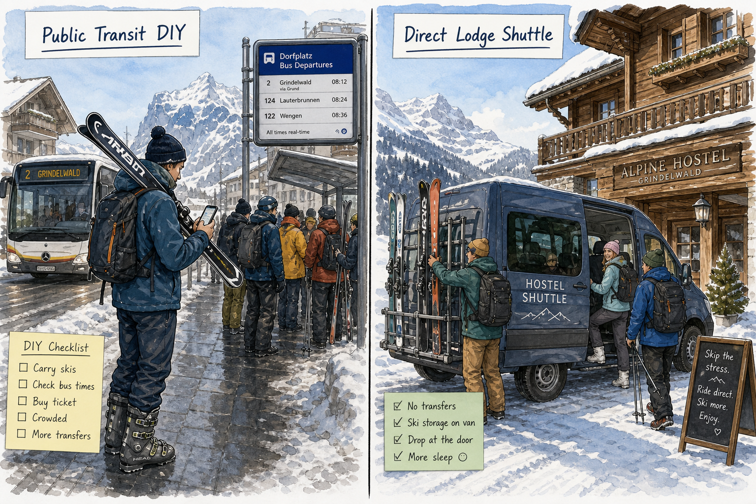 Illustration comparing public transit transit hassles to a direct private ski hostel mountain shuttle in the Swiss Alps.