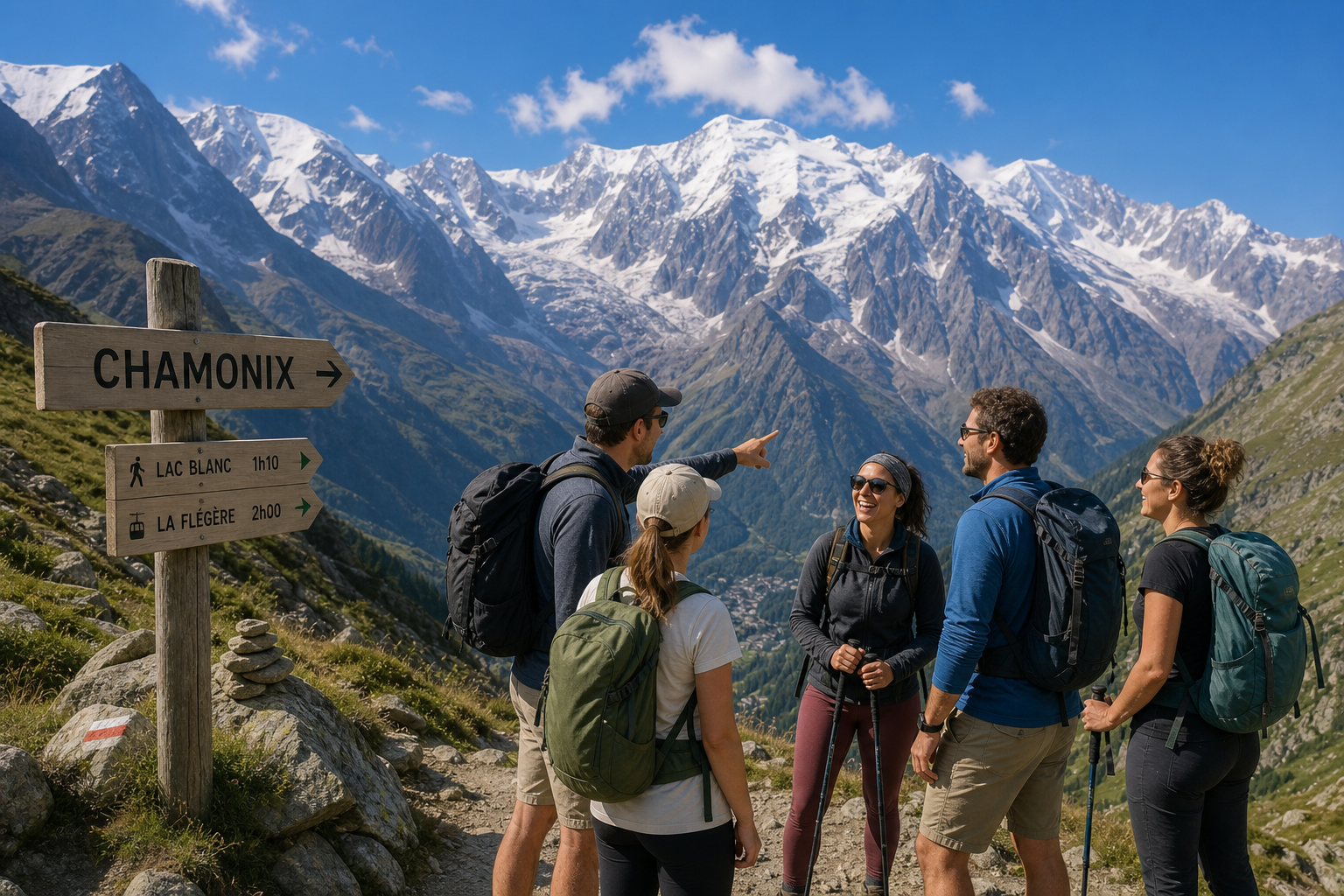 A group of social hikers pausing on an alpine trail with scenic views of Mont Blanc.