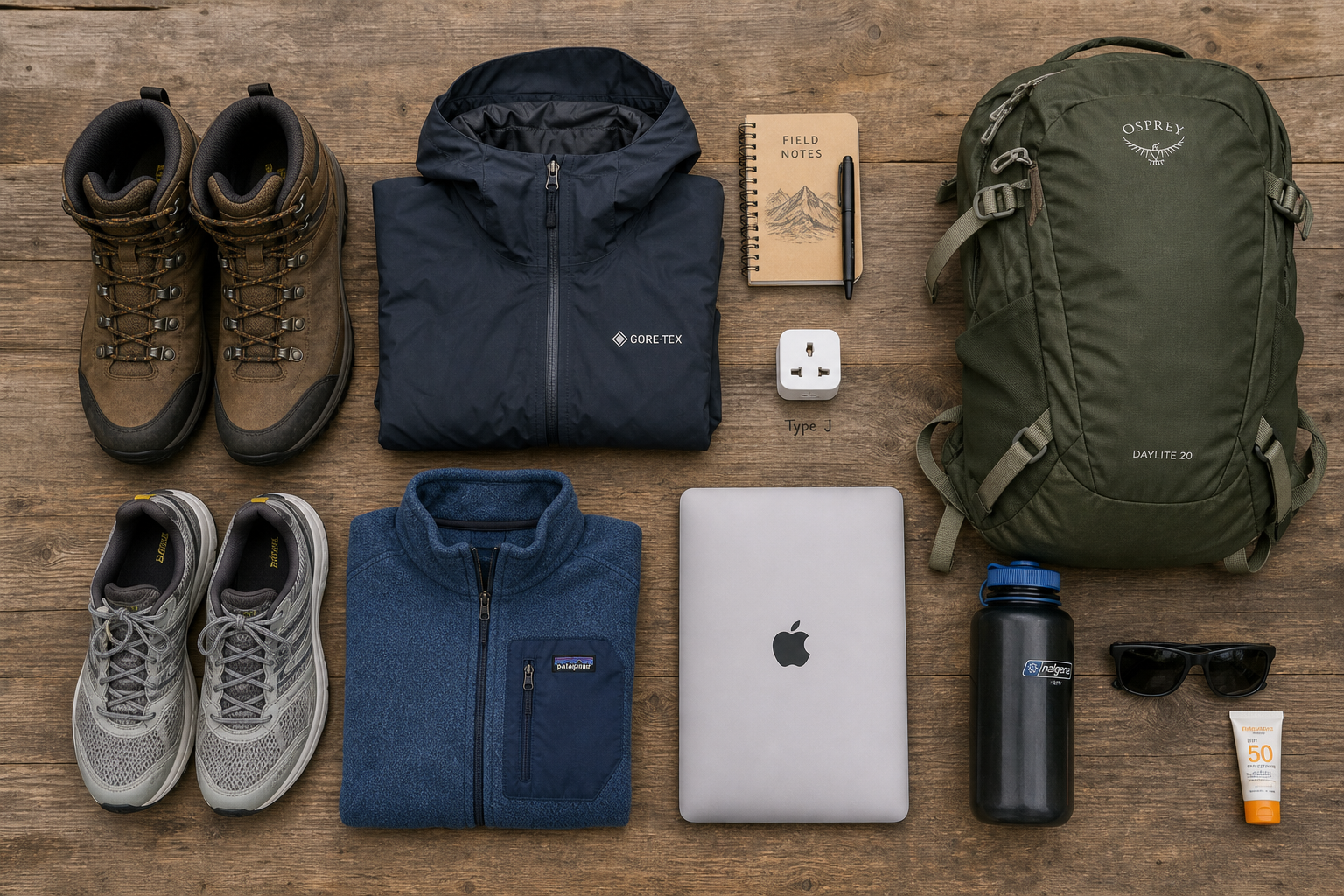 Flat lay of essential packing items for a summer stay in a Swiss Alps adventure lodge.