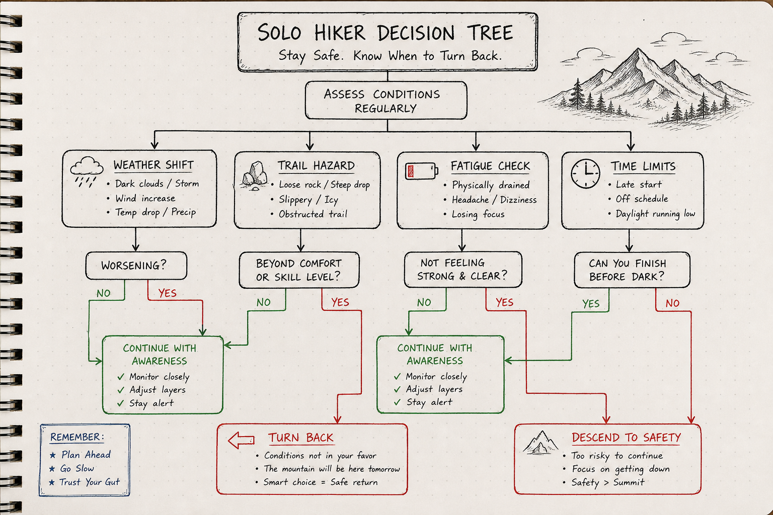 Decision tree diagram illustrating when a solo hiker should turn back or divert