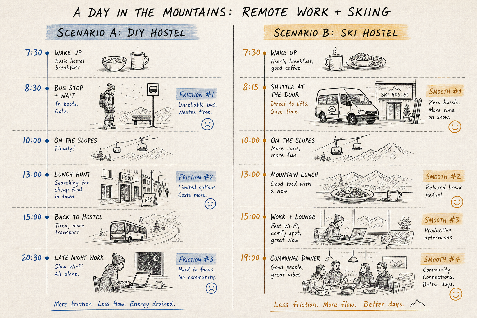 Hand-drawn comparison timeline contrasting a frantic DIY ski day against a smooth, scheduled ski hostel package day.