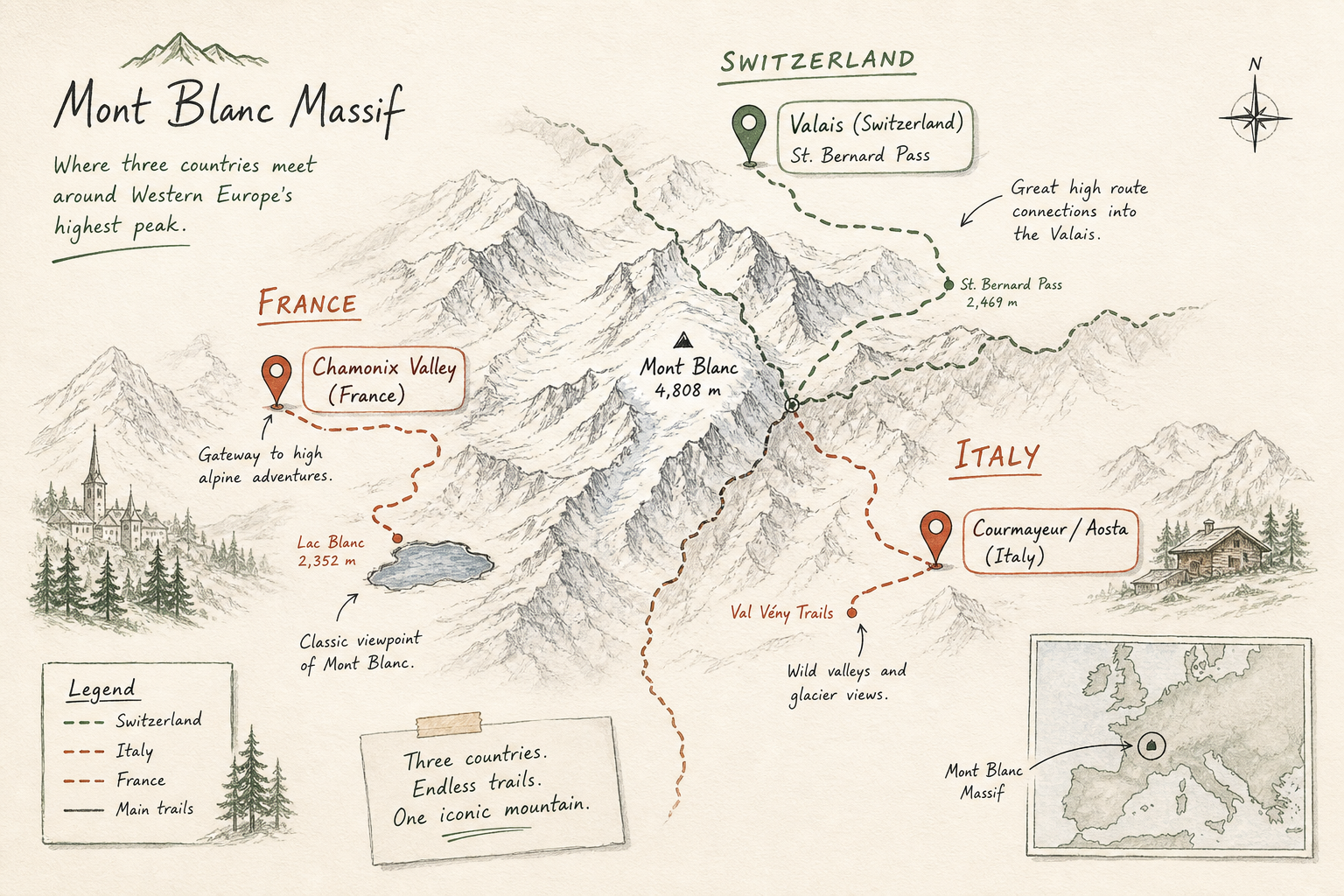 Illustrated trail map showing cross-border hiking locations across France, Italy, and Switzerland around Mont Blanc.