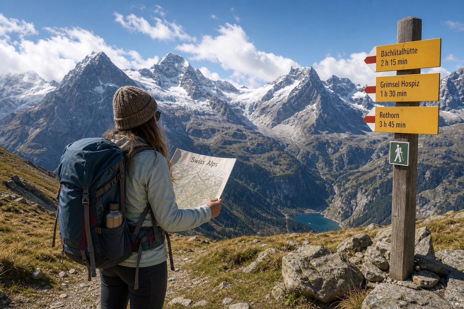A solo traveler with a daypack looking out over a sunlit Swiss Alps valley, representing affordable basecamp hiking.