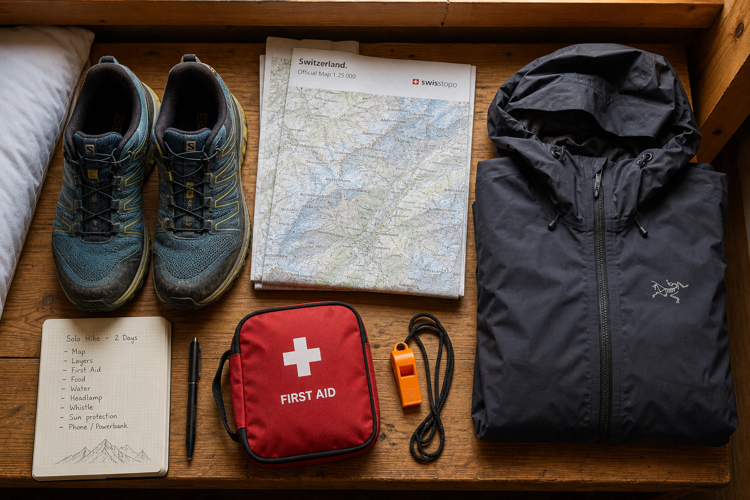 Essential hiking gear laid out on a wooden bed, including map, boots, and first aid kit.