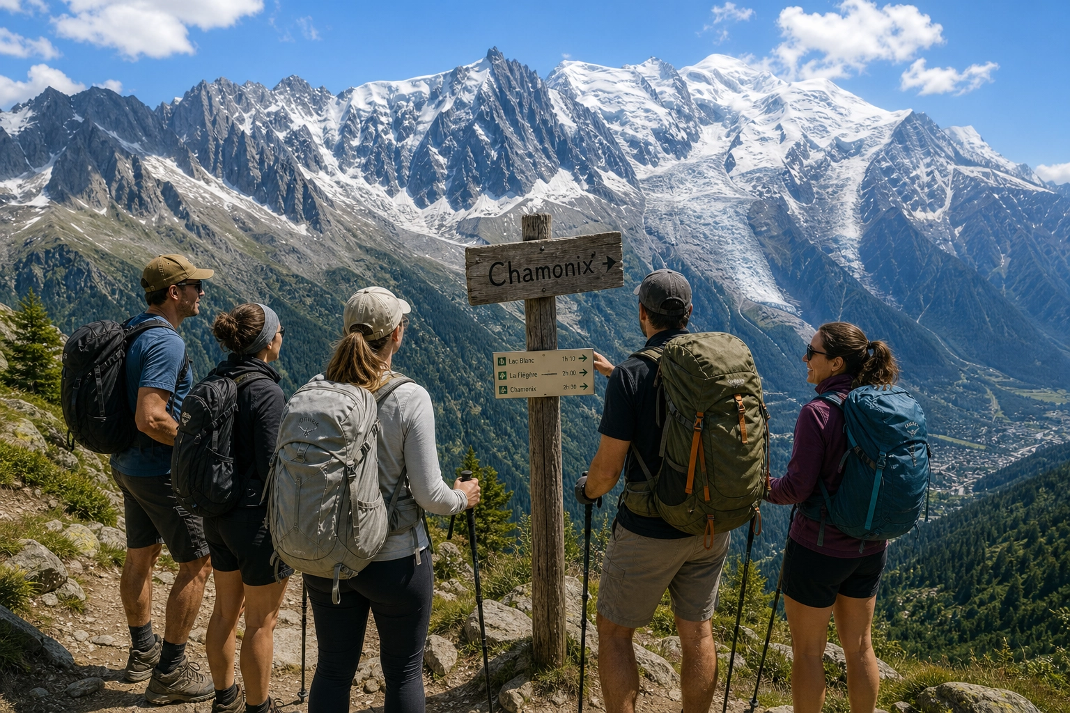 Group of hikers with backpacks enjoying scenic view of Mont Blanc and Chamonix valley mountains.
